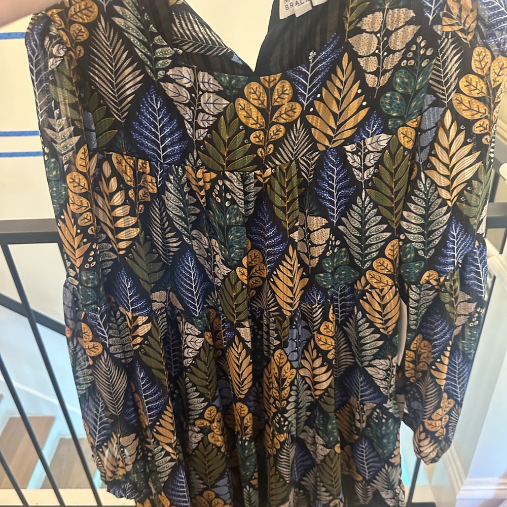 Molly Bracken Blue and Gold Leaf Print Long Sleeve Dress